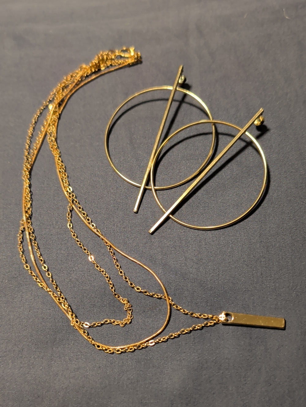 Gold Tone Multi-Chain Necklace & Modern Hoop Bar Earrings Set